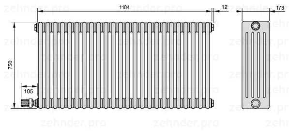 Схема (чертеж) Радиатор Zehnder Charleston 5075/24 №V003 Белый глянцевый RAL 9016